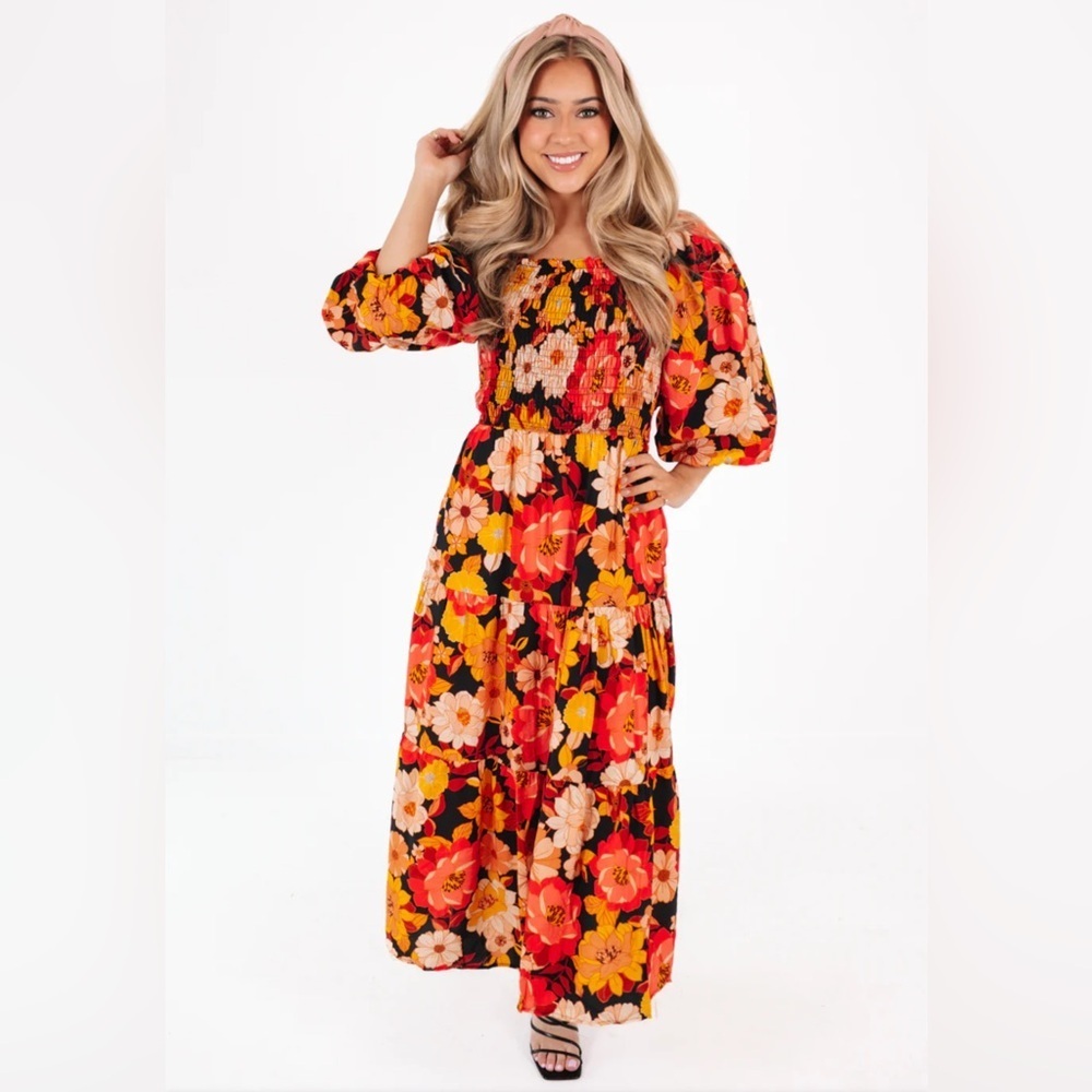 Dress Forum Floral Puff Sleeve Tiered Maxi Dress Size Large NWT